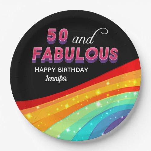 50 and Fabulous Rainbow Sparkle Birthday Party Paper Plates