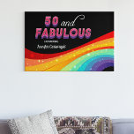 50 and Fabulous Rainbow Sparkle Chic 50th Birthday Faux Canvas Print<br><div class="desc">Dazzle your guests with this bright rainbow 50 and Fabulous birthday party canvas art. Pink and purple bold typography above a colorful rainbow with faux sparkles creates a stunning look for your big 50th Birthday event. The modern black background really makes your fun color choices pop and stand out. Coordinate...</div>