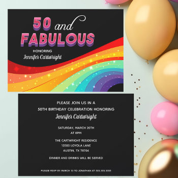 50 And Fabulous Rainbow Sparkle Pink Text Birthday Invitation by epicdesigns at Zazzle