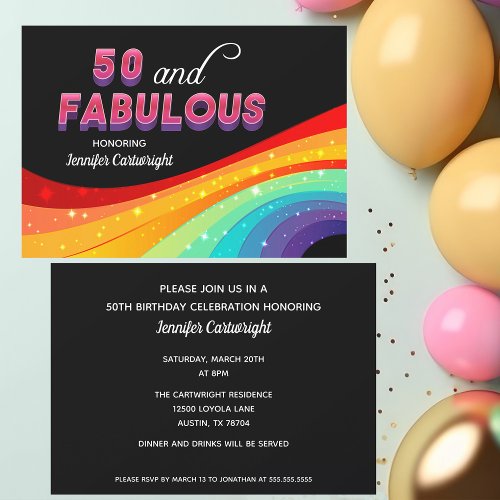 50 and Fabulous Rainbow Sparkle Pink Text Birthday Invitation