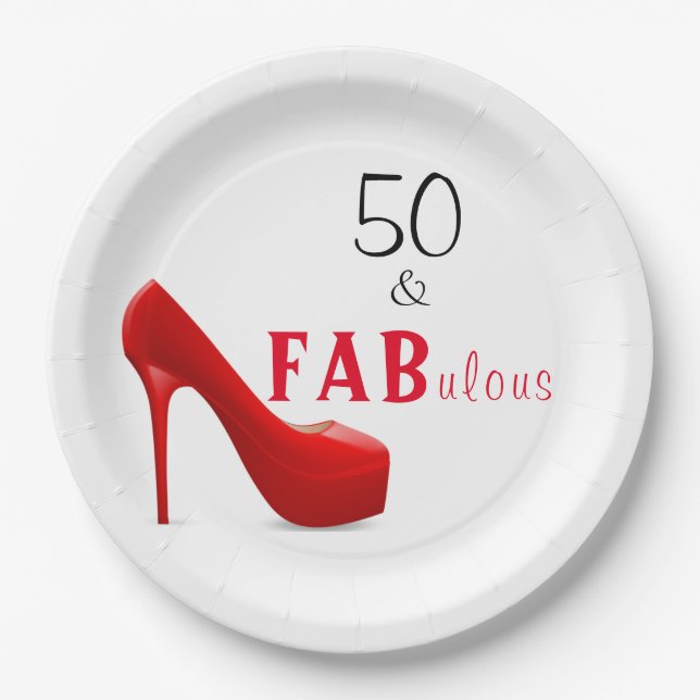 50 and Fabulous Red and Black 50th Birthday Paper Plates (Front)