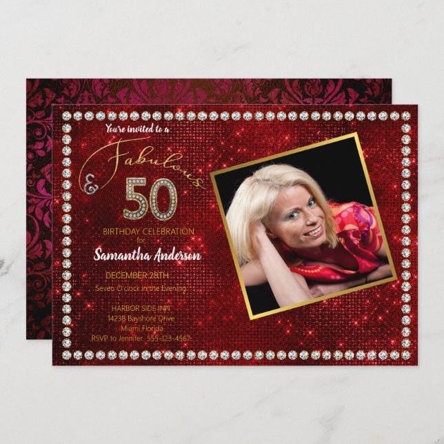 50 and Fabulous Red Bling 50th Birthday Party Invitation (Front/Back)