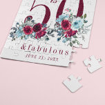 50 and fabulous red burgundy floral birthday gift jigsaw puzzle<br><div class="desc">Elegant feminine 50 and fabulous birthday personalized keepsake gift with watercolor red burgundy and light dusty blue peony roses bouquets and a modern trendy custom typography script.</div>