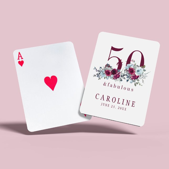 50 and fabulous red burgundy floral birthday gift poker cards (Creator Uploaded)