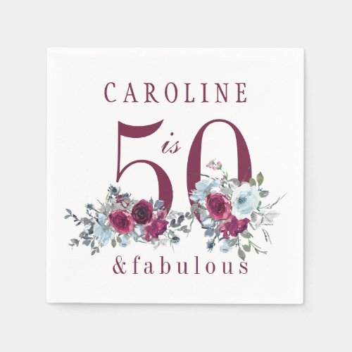 50 and fabulous red burgundy floral birthday party napkins