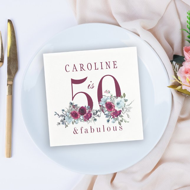 50 and fabulous red burgundy floral birthday party napkins (Creator Uploaded)