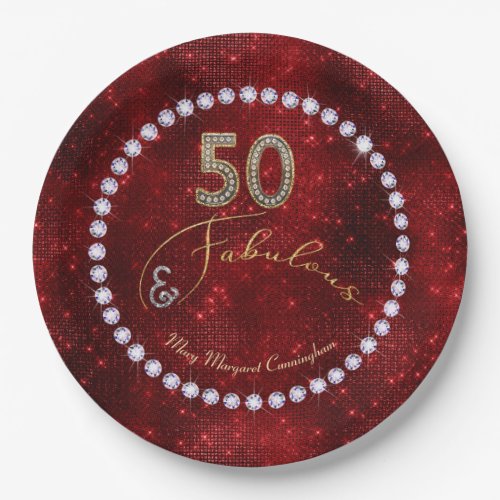 50 and Fabulous Red Sparkle 50th Birthday Party Paper Plates