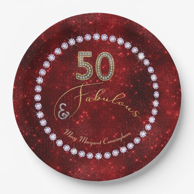 50 and Fabulous Red Sparkle 50th Birthday Party Paper Plates (Front)