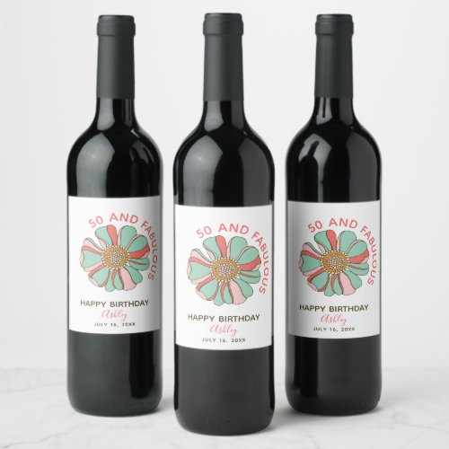 50 and Fabulous Retro Floral Wine Label