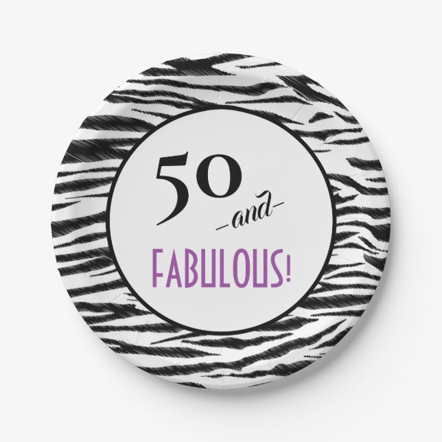 50 and FABULOUS! Retro Zebra Print Birthday Party Paper Plates (Front)