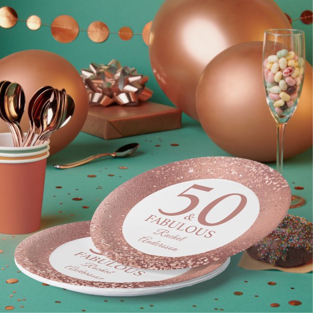 50 and Fabulous Rose Gold 50th Birthday Party Paper Plates (Multi)