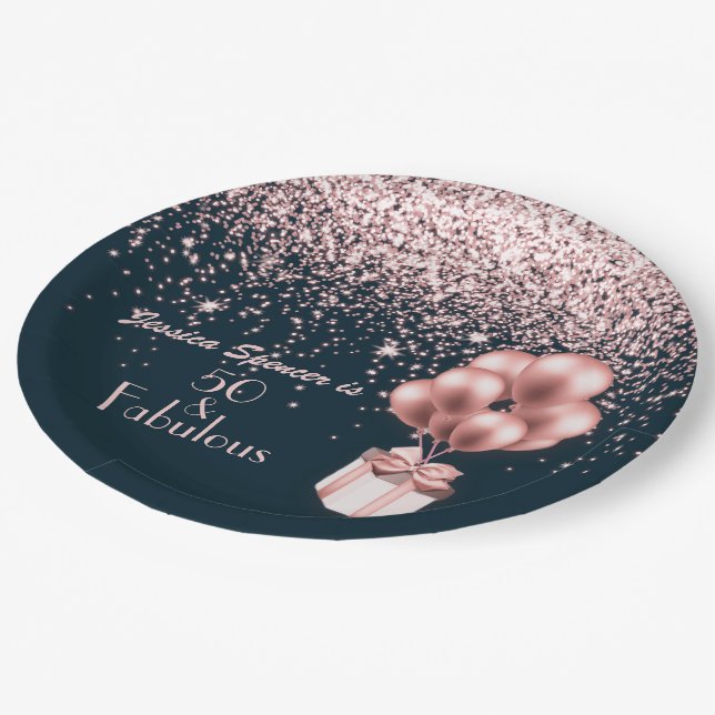 50 and Fabulous Rose Gold 50th Birthday Party Paper Plates (Angled)