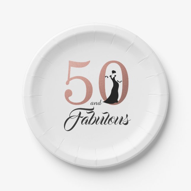 50 and Fabulous Rose Gold Birthday Party Paper Plates (Front)