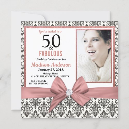 50 and Fabulous Rose gold bow damask 50th Birthday Invitation