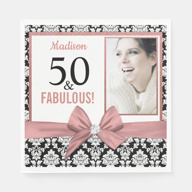 50 and Fabulous Rose gold bow damask 50th Birthday Napkins (Front)
