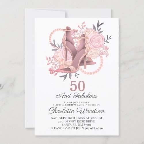 50 and Fabulous Rose Gold Dancing Shoes Invitation