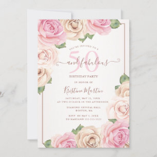 50 and Fabulous Rose Gold Floral Birthday Party Invitation