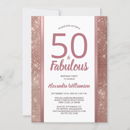 50 and Fabulous Rose Gold Glam 50th Birthday Party Invitation