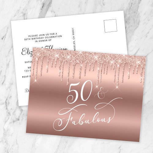 50 and Fabulous Rose Gold Glitter Birthday Party Invitation Postcard