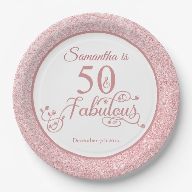 50 and Fabulous Rose Gold Glitter Birthday Party Paper Plates (Front)