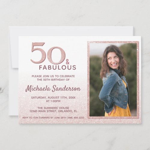 50 and Fabulous Rose Gold Glitter Elegant Birthday Invitation