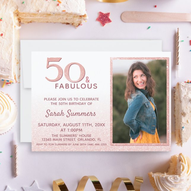 50 and Fabulous Rose Gold Glitter Elegant Birthday Invitation