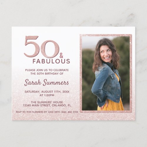 50 and Fabulous Rose Gold Glitter Elegant Birthday Invitation Postcard