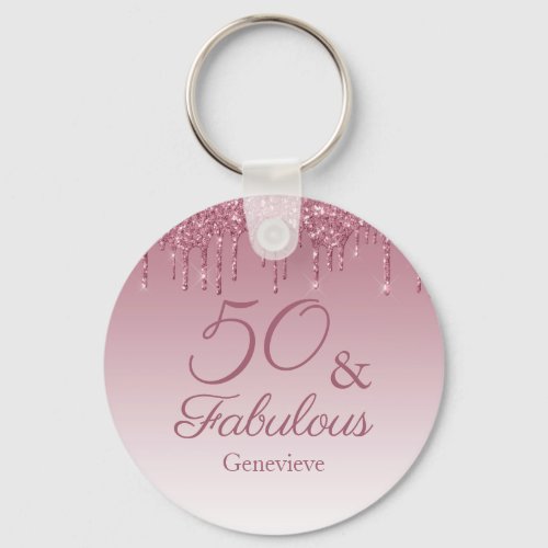 50 and Fabulous Rose Gold Pink Dripping Glitter Keychain