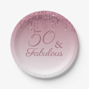 50 and Fabulous Rose Gold Pink Dripping Glitter Paper Plates
