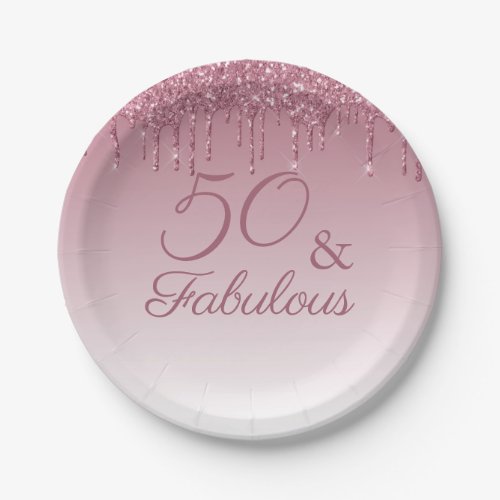 50 and Fabulous Rose Gold Pink Dripping Glitter  Paper Plates