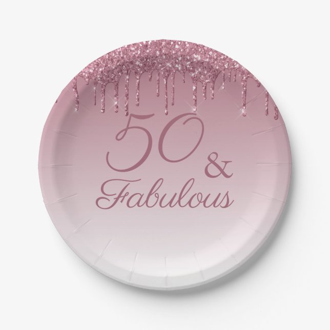 50 and Fabulous Rose Gold Pink Dripping Glitter  Paper Plates (Front)