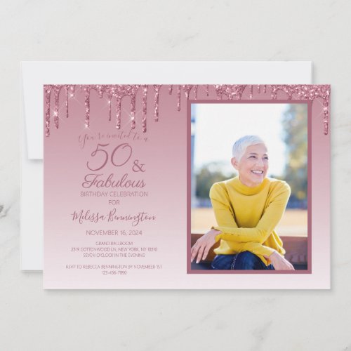 50 and Fabulous Rose Gold Pink Glitter Photo Invitation