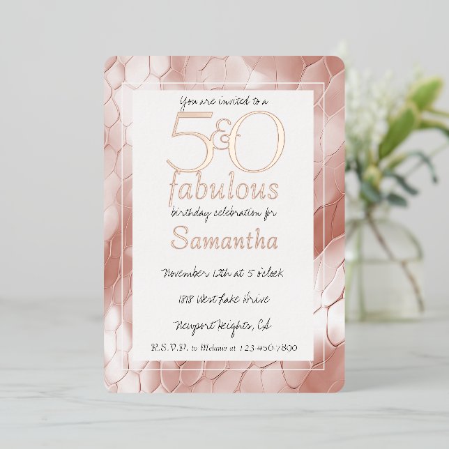 50 and Fabulous Rose Gold Snake Animal Birthday Foil Invitation (Standing Front)