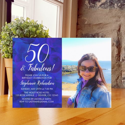 50 and Fabulous Royal Blue Photo Birthday Party Invitation