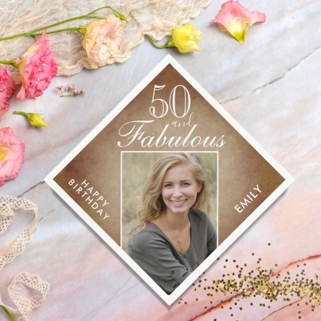 50 and Fabulous Rustic Beige Photo 50th Birthday Napkins (Creator Uploaded)