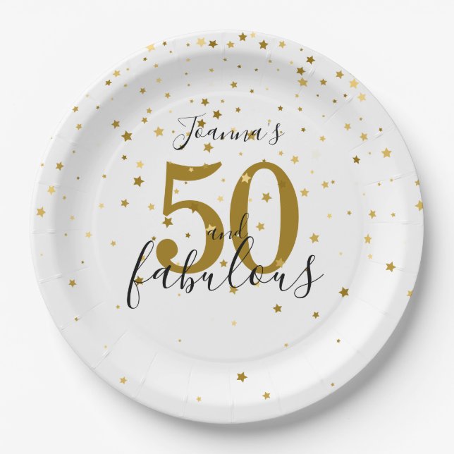 50 and Fabulous Script Gold and Black Birthday Paper Plates (Front)