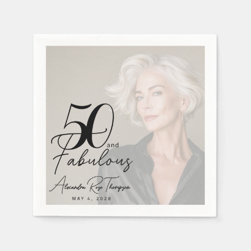 50 and Fabulous Script Photo Birthday Party Napkins