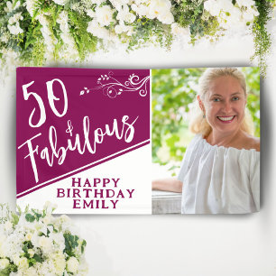 50 and Fabulous Script Photo Magenta 50th Birthday Banner
