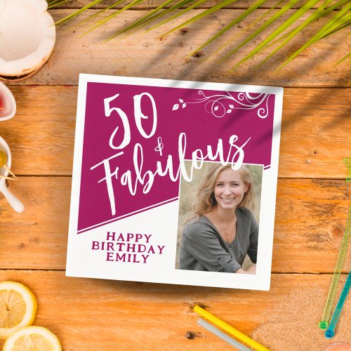 50 and Fabulous Script Photo Magenta 50th Birthday Napkins