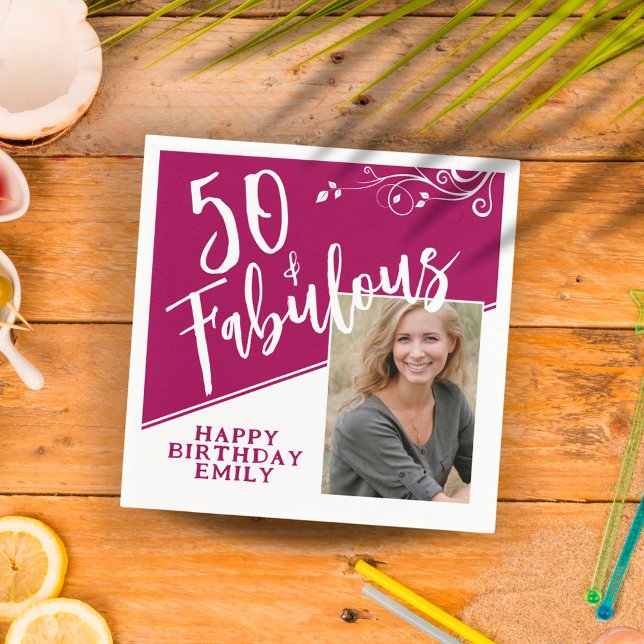50 and Fabulous Script Photo Magenta 50th Birthday Napkins (Creator Uploaded)