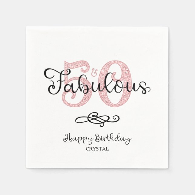 50 AND FABULOUS Script Rose Gold Glitter Birthday Napkins (Front)