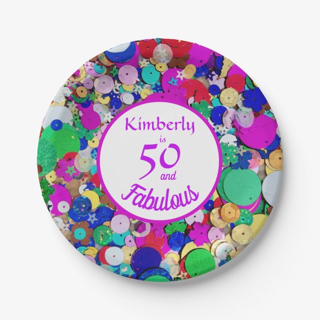 50 and Fabulous Sequin Birthday Paper Plate (Front)