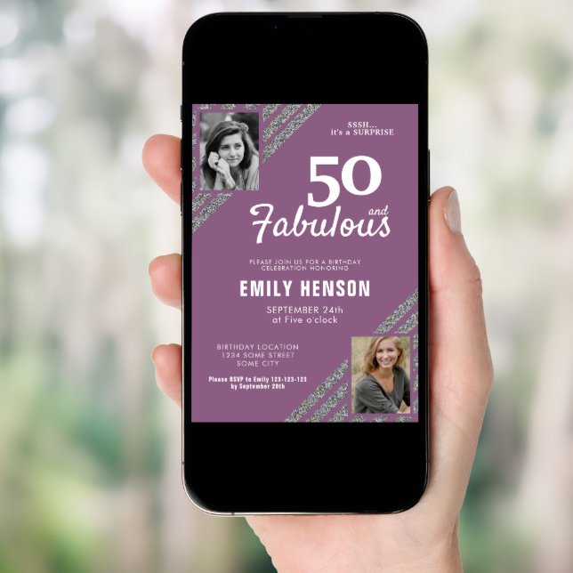50 and Fabulous Silver Glitter 2 Photo Birthday Invitation (Front Digital)