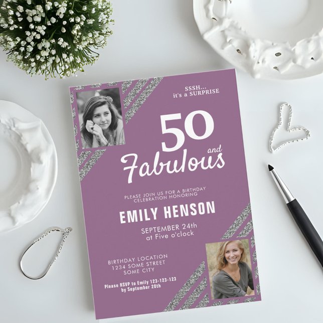 50 and Fabulous Silver Glitter 2 Photo Birthday Invitation (Creator Uploaded)