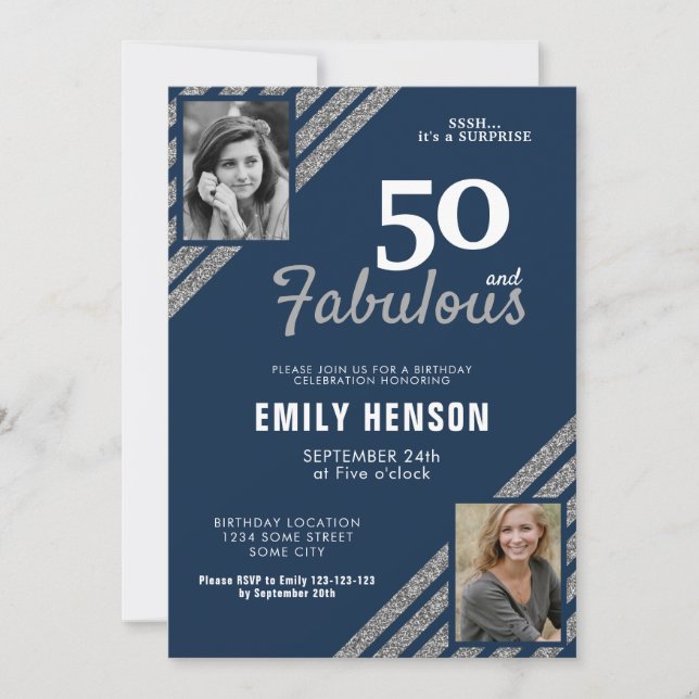 50 and Fabulous Silver Glitter 2 Photo Birthday Invitation (Front)