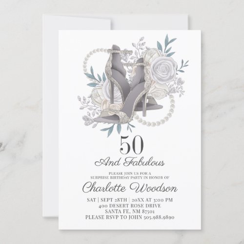 50 and Fabulous Silver Glitter Dancing Shoes Invitation