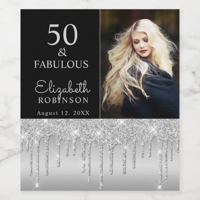 50 and Fabulous Silver Glitter Drip Birthday Party Wine Label (Single Label)