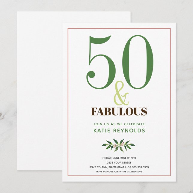 50 and Fabulous Simple Green Birthday Invitation (Front/Back)