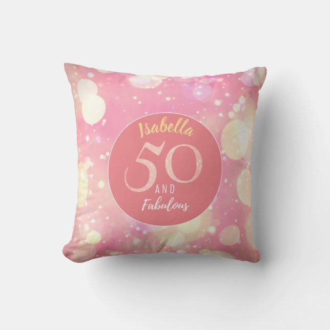 50 and Fabulous Sparkling Salmon Pink & Gold Throw Pillow (Front)