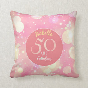 50 and Fabulous Sparkling Salmon Pink & Gold Throw Pillow